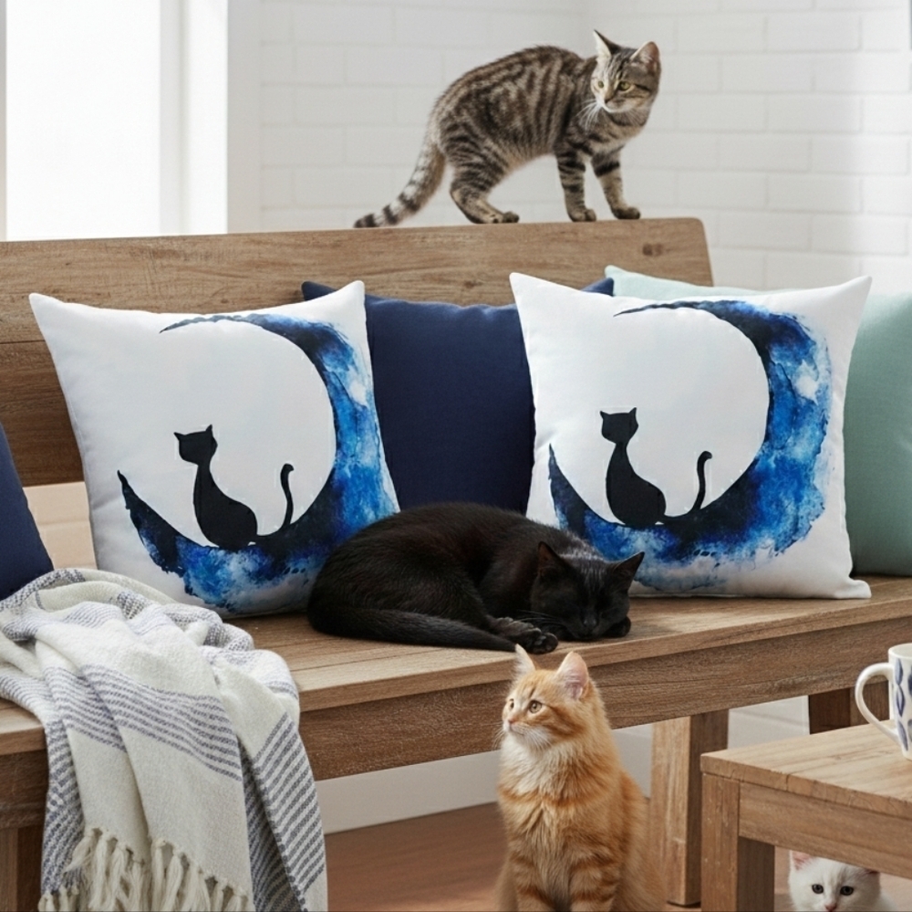 Whimsical Black Cat Moon Cushion Covers 18"x18" Set Of 2 Zippered Polyester